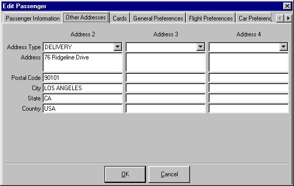 The Passenger Other Addresses tab showing three additional addresses you may store for each passenger.