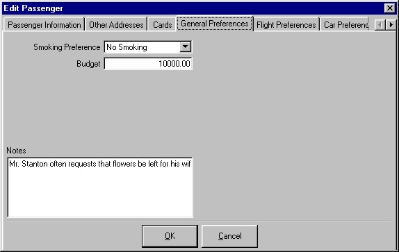 The Passengers General Preferences tab showing smoking and budget preferences, plus a large free notes field.