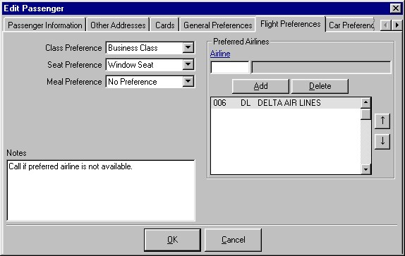The Passengers Flight Preferences tab showing class, seat and meal preferences, multiple preferred airlines, and a large freeform notes field.