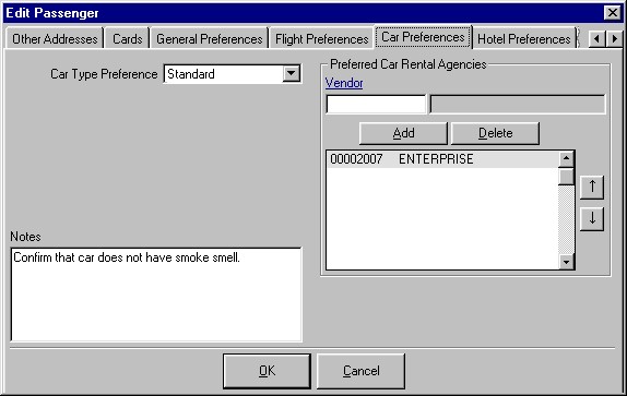 The Passengers Car Preferences tab showing car type preference, multiple car rental company preferences, and a large freeform notes field.