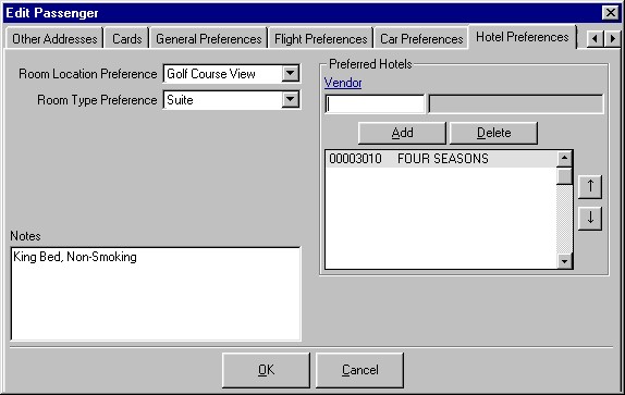 The Passengers Hotel Preferences tab showing room location and type preferences, multiple hotel vendor preferences, and a large freeform notes field.
