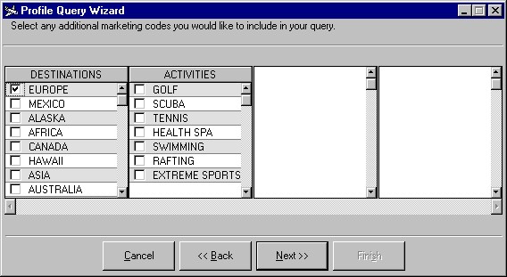 The Client Profile Query Wizard showing a search for client interested in European destinations. Also shown are search possibilities for other destinations and multiple activities such as golf and scuba.