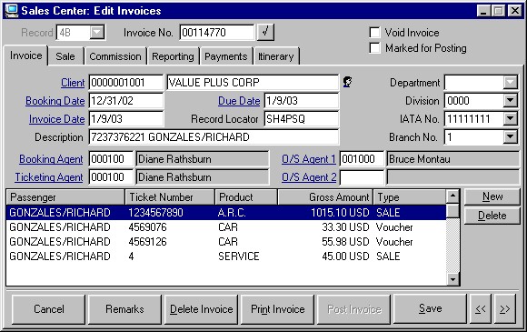 The Edit Invoice window showing details for an air sale, two car rentals and a service charge.