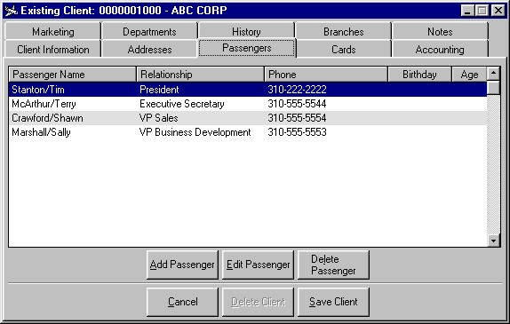 A client profile showing passengers associated with a corporate client.