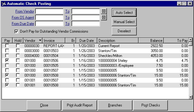The Automatic Check Writing window showing a number of A/P invoices, some selected for payment.