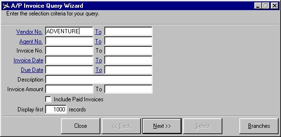 The A/P Invoice Query Wizard showing the beginning of a search for A/P invoices with a partial vendor name.