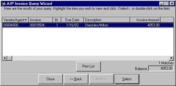Step 2 of the A/P Invoice Query Wizard showing open invoices for the specified vendor.