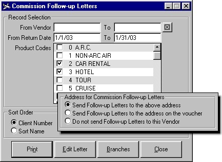 The Commission Follow-up Letters Option window showing date and product code options, plus an inset showing options to send letter to individual properties or chain headquarters.