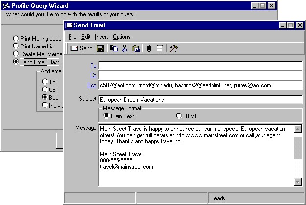 The Client Profile Query Wizard showing output to a bulk emailing, plus an inset of an email message being sent to clients found by the wizard.